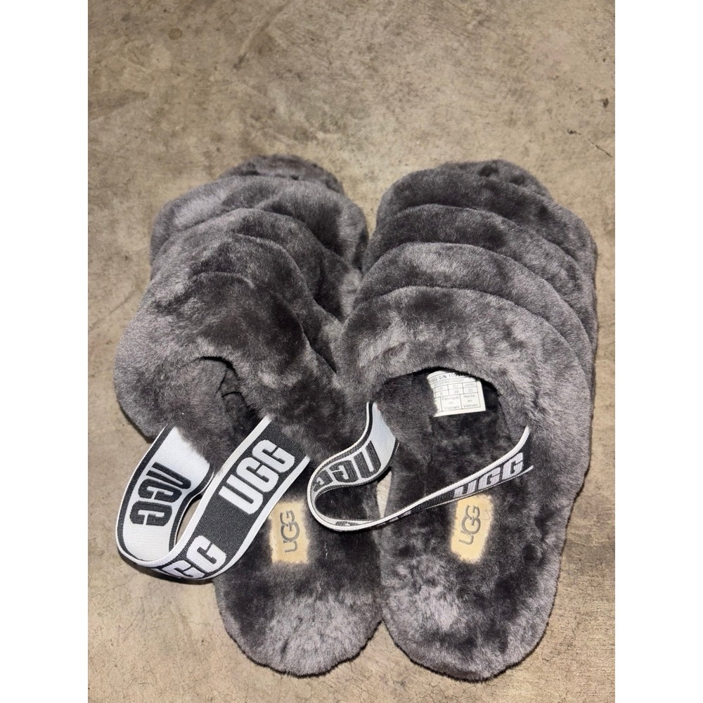 UGG Fluff Yeah Slide Slippers Gray Sheepskin Fur Cozy Open Toe Women's Size 6